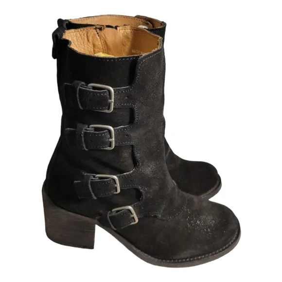 J. Litvack Women’s Size: US 8/EU 39 Black Suede Four Buckle Stacked Heel Moto
