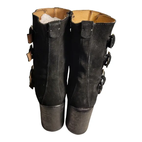J. Litvack Women’s Size: US 8/EU 39 Black Suede Four Buckle Stacked Heel Moto