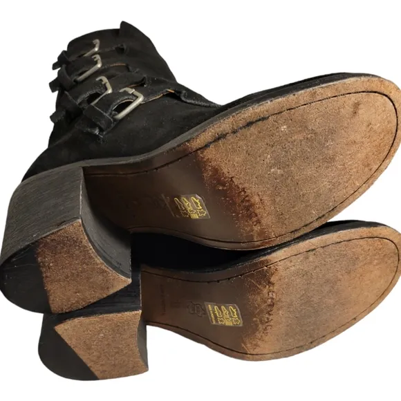J. Litvack Women’s Size: US 8/EU 39 Black Suede Four Buckle Stacked Heel Moto