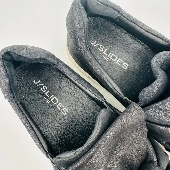 J Slides AUDRA Bow Top Sneaker Slip On Platform Black Leather Size 6.5 Chunky