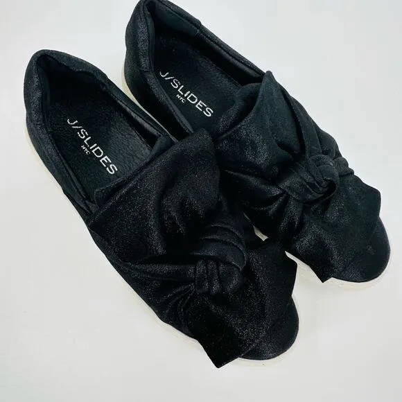 J Slides AUDRA Bow Top Sneaker Slip On Platform Black Leather Size 6.5 Chunky