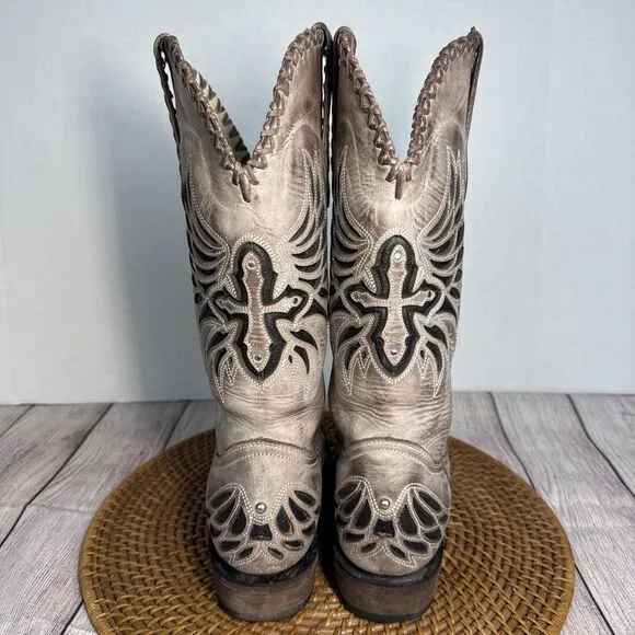 J.B. Dillon Reserve Women’s Western Boots 8B Tan Distressed Leather Cross