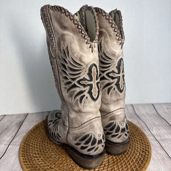 J.B. Dillon Reserve Women’s Western Boots 8B Tan Distressed Leather Cross