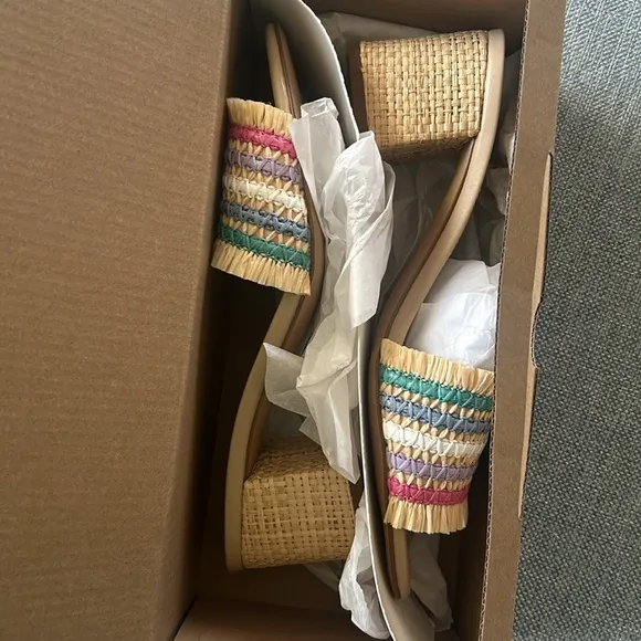 J.Crew Rainbow Raffia Woven mule heels sandals Size 7.5