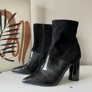 Jeffrey Campbell Boots Black Croc Embossed Lustful Leather Block Heel Boots Sz 7