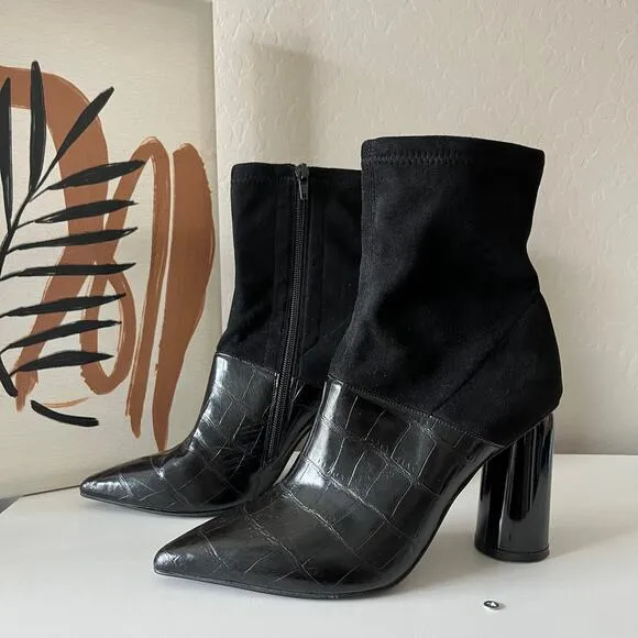 Jeffrey Campbell Boots Black Croc Embossed Lustful Leather Block Heel Boots Sz 7