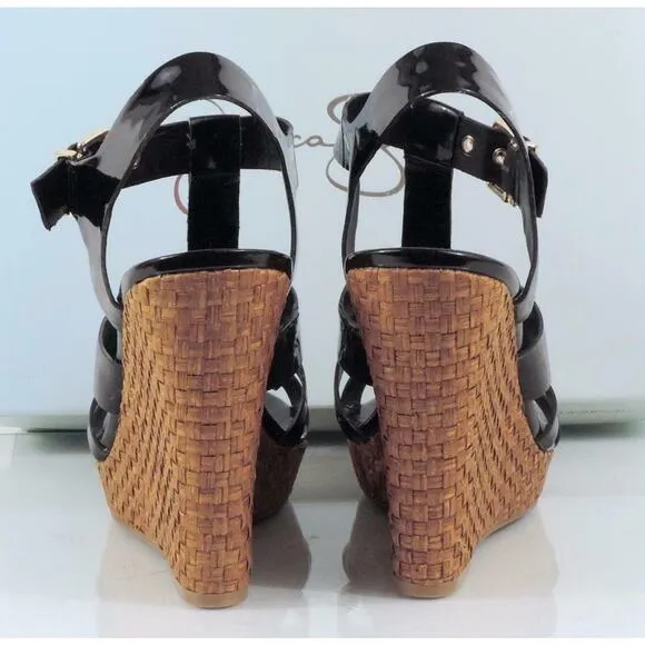 Jessica Simpson Casie 2 Platform Wedge Sandal Heels Black Patent Size 10