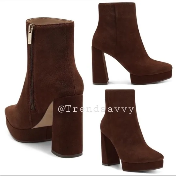 JESSICA SIMPSON Kaiyah Suede Platform Booties Leather Ankle Heel Shoes Brown NWT