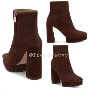 JESSICA SIMPSON Kaiyah Suede Platform Booties Leather Ankle Heel Shoes Brown NWT