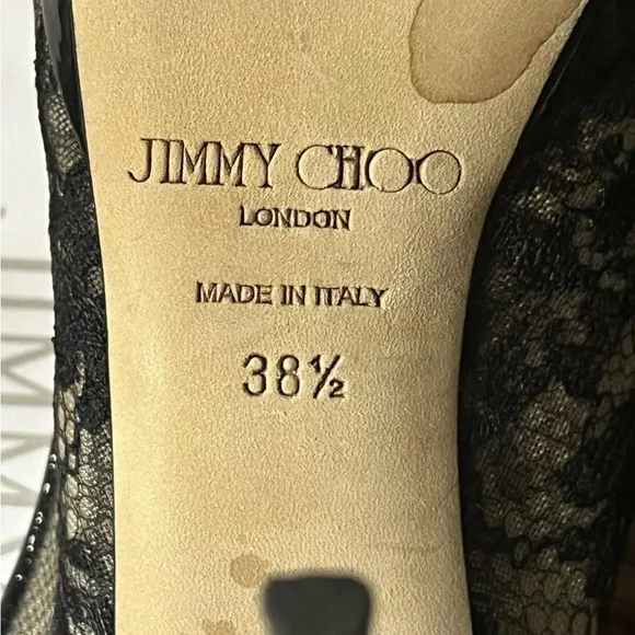 Jimmy Choo Black Lace And Patent Leather Nova Peep Toe Slingback Heels Sz 38.5