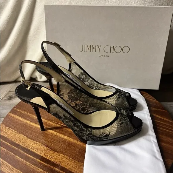 Jimmy Choo Black Lace And Patent Leather Nova Peep Toe Slingback Heels Sz 38.5