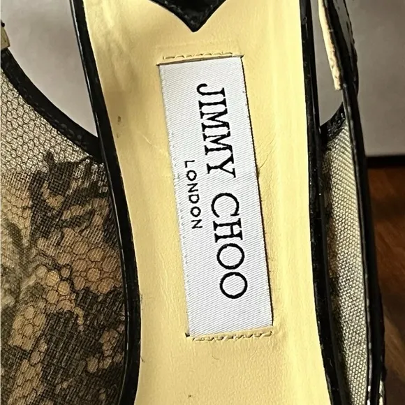 Jimmy Choo Black Lace And Patent Leather Nova Peep Toe Slingback Heels Sz 38.5