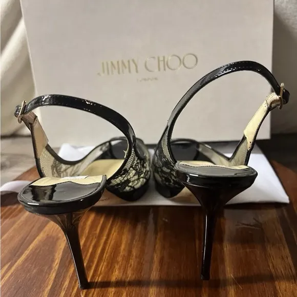 Jimmy Choo Black Lace And Patent Leather Nova Peep Toe Slingback Heels Sz 38.5