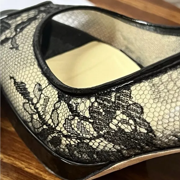 Jimmy Choo Black Lace And Patent Leather Nova Peep Toe Slingback Heels Sz 38.5