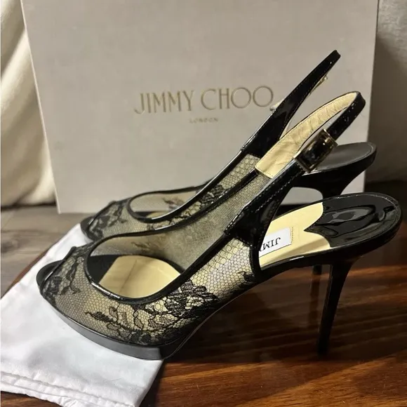 Jimmy Choo Black Lace And Patent Leather Nova Peep Toe Slingback Heels Sz 38.5