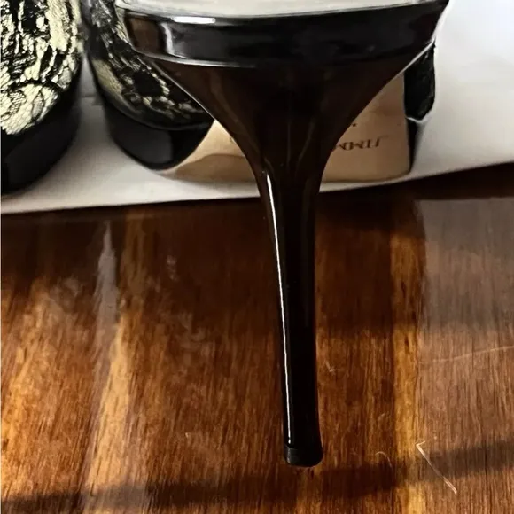 Jimmy Choo Black Lace And Patent Leather Nova Peep Toe Slingback Heels Sz 38.5