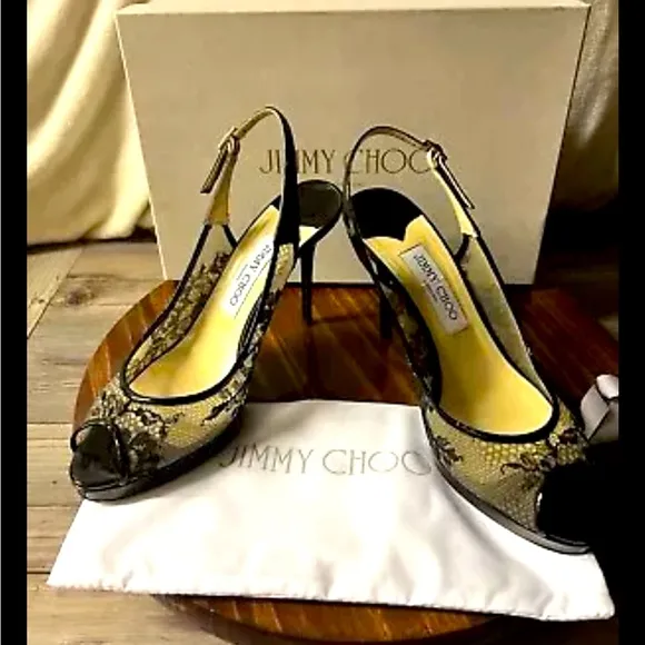 Jimmy Choo Black Lace And Patent Leather Nova Peep Toe Slingback Heels Sz 38.5