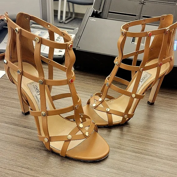 Jimmy Choo Caramel Leather Gold Stud Gladiator Caged Shoes 36.5 6.5