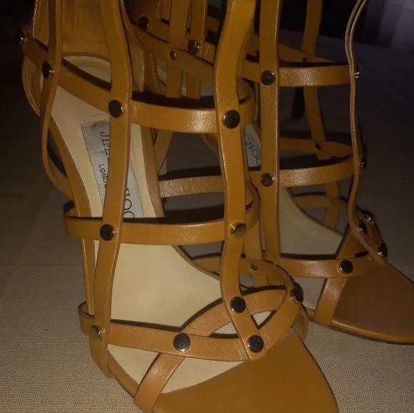 Jimmy Choo Caramel Leather Gold Stud Gladiator Caged Shoes 36.5 6.5