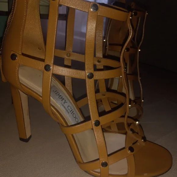Jimmy Choo Caramel Leather Gold Stud Gladiator Caged Shoes 36.5 6.5