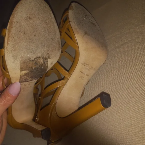 Jimmy Choo Caramel Leather Gold Stud Gladiator Caged Shoes 36.5 6.5