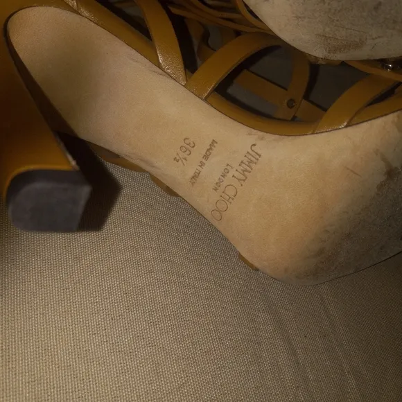 Jimmy Choo Caramel Leather Gold Stud Gladiator Caged Shoes 36.5 6.5