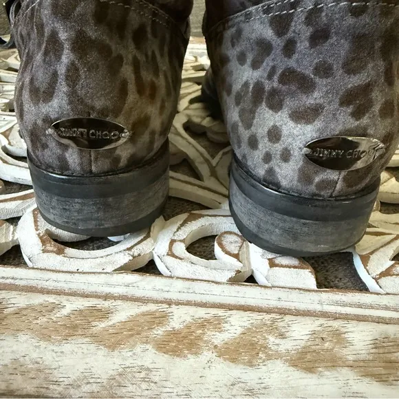 Jimmy Choo Gray Leopard Print Suede Leather Boots Women’s Size 38.5 US 8.5
