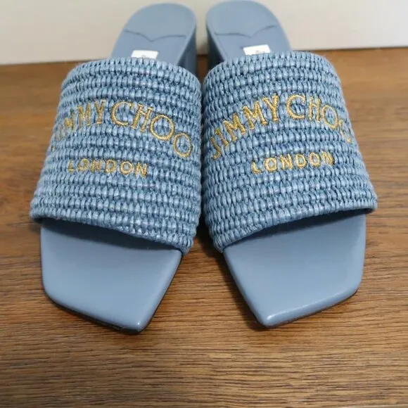 JIMMY CHOO - NWOT - Themis 45M Raffia Sandals (8US/38) in Smoky Blue Gold