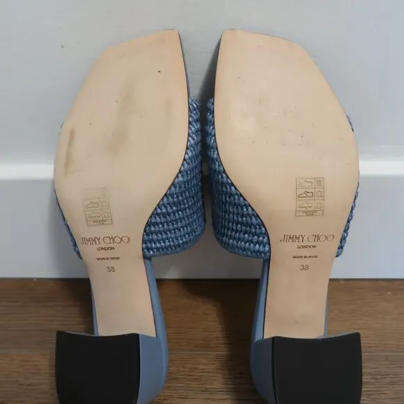 JIMMY CHOO - NWOT - Themis 45M Raffia Sandals (8US/38) in Smoky Blue Gold