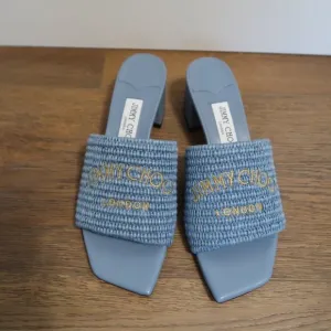 JIMMY CHOO - NWOT - Themis 45M Raffia Sandals (8US/38) in Smoky Blue Gold