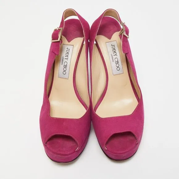 Jimmy Choo Pink Suede Platform Peep Toe Slingback Sandals Size 38.5