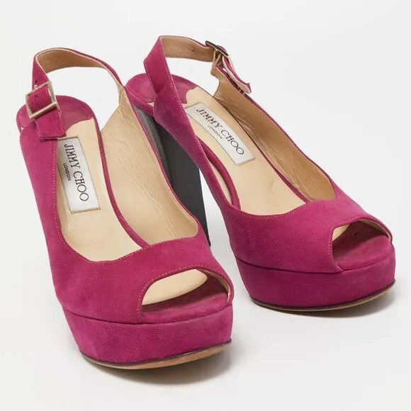 Jimmy Choo Pink Suede Platform Peep Toe Slingback Sandals Size 38.5