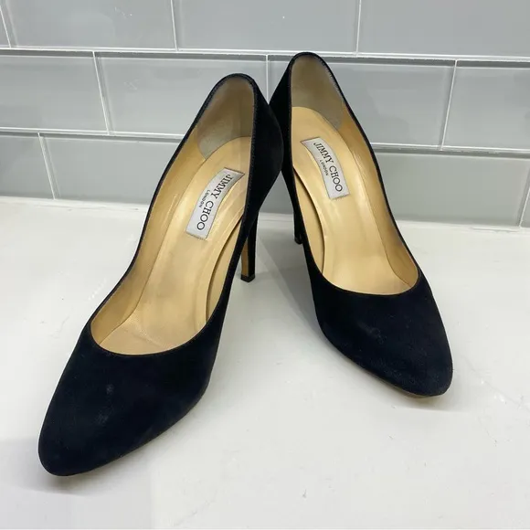 JIMMY CHOO Vikki Suede Almond Toe Black Heels Pump High Heeled Shoes EU 39 1/2