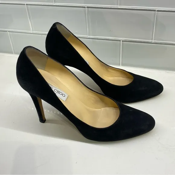 JIMMY CHOO Vikki Suede Almond Toe Black Heels Pump High Heeled Shoes EU 39 1/2