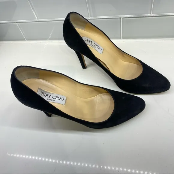 JIMMY CHOO Vikki Suede Almond Toe Black Heels Pump High Heeled Shoes EU 39 1/2