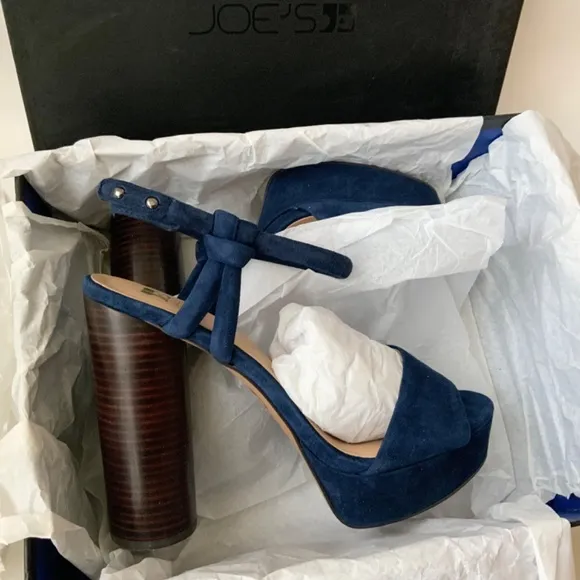 Joe's Hampton Navy Suede Leather Ankle Strap Stiletto Block Heels Sandals 9.5