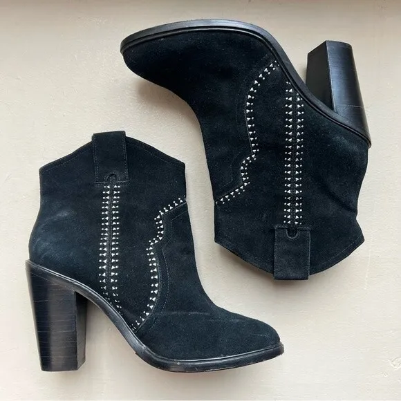 JOIE Monte Black Suede Ankle Boot Silver Studs Size EU 37.5 US 7 Western Cowgirl