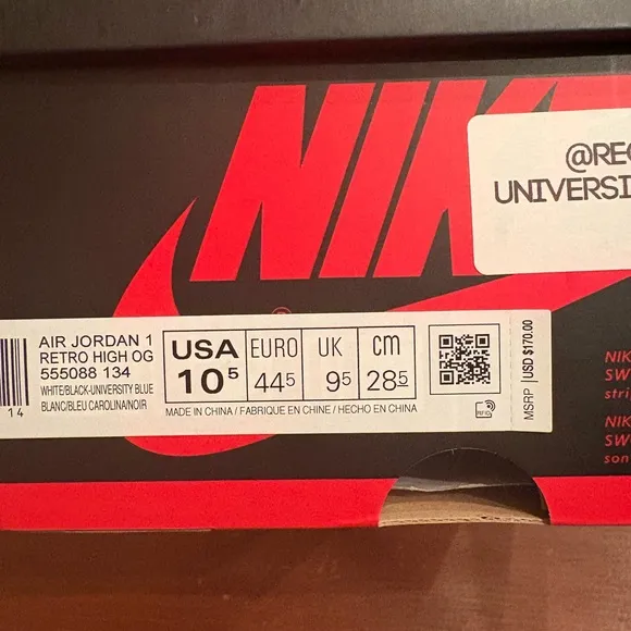 Jordan 1 University Blue Retro High OG, SIZE:10.5 Men’s US
