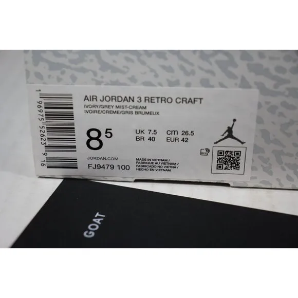 Jordan 3 Retro Craft Ivory FJ9479-100 Mens 8.5 N1274