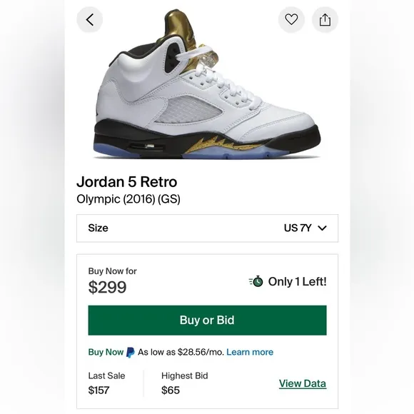 Jordan 5 Retro GS “Olympic (2016)” Women’s Size 8.5/Youth Size 7Y