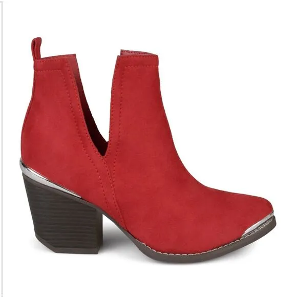 JOURNEE COLLECTION &quot;ISSLA&quot; RED FAUX SUEDE  POINTED TOE BLOCK HEEL ANKLE BOOTS🆕