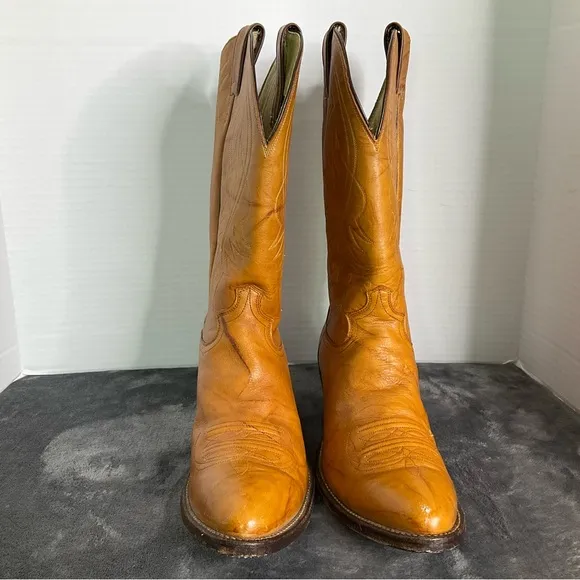 JUSTIN 1632 Brown Orange Classic Western Cowboy Boots Mens 11.5B Preowned