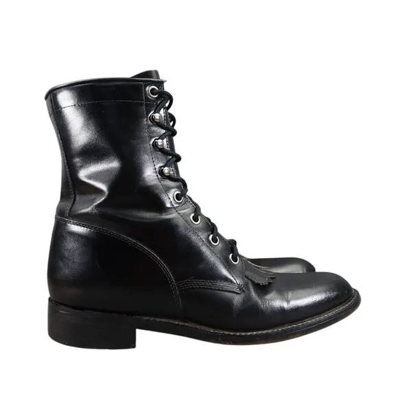 Justin Boots Women 6.5 Diamond J Lace Western Leather Black Classic Kiltie Retro