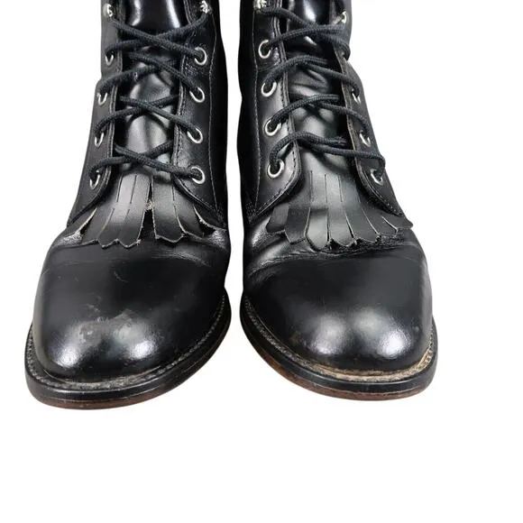 Justin Boots Women 6.5 Diamond J Lace Western Leather Black Classic Kiltie Retro