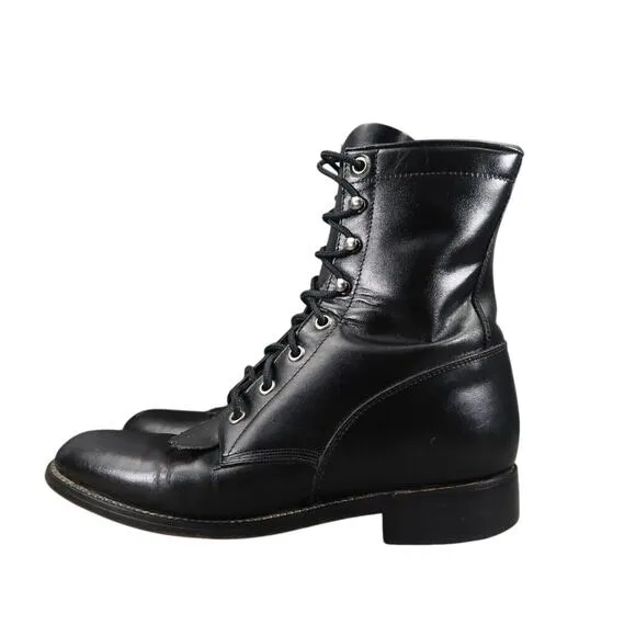 Justin Boots Women 6.5 Diamond J Lace Western Leather Black Classic Kiltie Retro