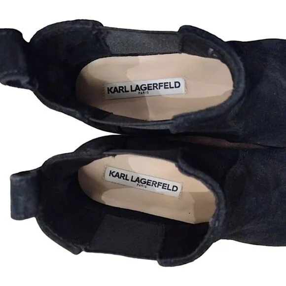 KARL LAGERFELD Suede Chelsea Boots, Size 7.5 M, Black &amp; Silver