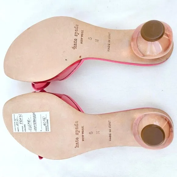 Kate Spade NEW &quot;Fran&quot; Watermelon Pink Bow Lucite Kitten Heel Sandals NWT Sz 6B