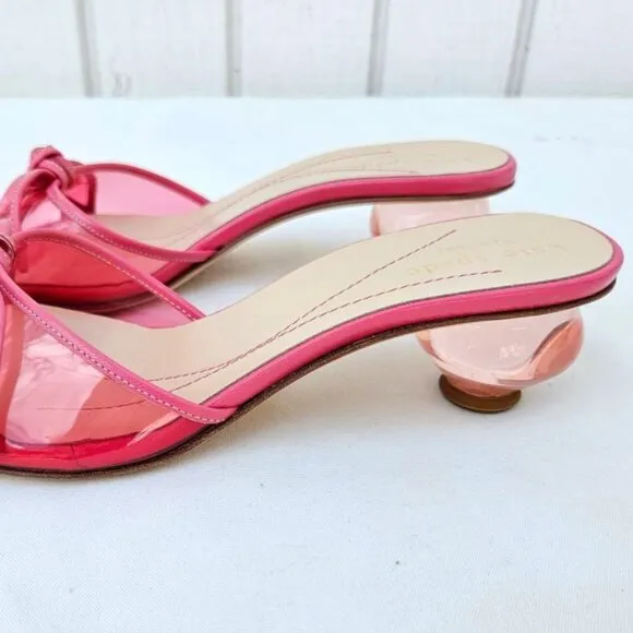 Kate Spade NEW &quot;Fran&quot; Watermelon Pink Bow Lucite Kitten Heel Sandals NWT Sz 6B
