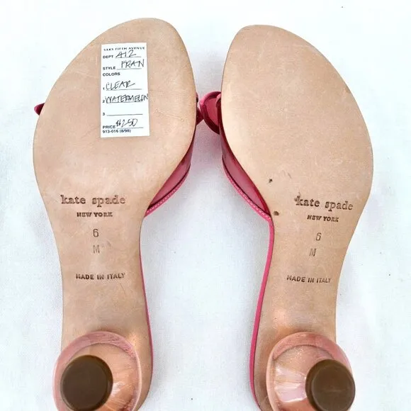 Kate Spade NEW &quot;Fran&quot; Watermelon Pink Bow Lucite Kitten Heel Sandals NWT Sz 6B