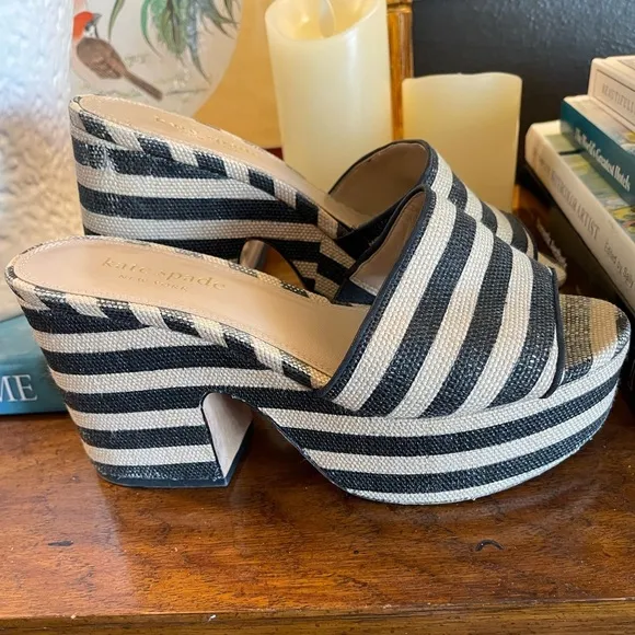 Kate Spade New York Ibiza Platform Sandals Black White Stripe